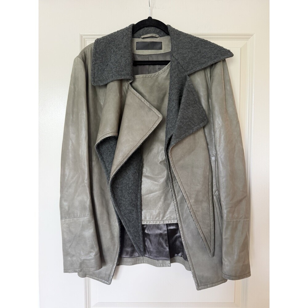 Haider Ackermann 100% Leather Army Green Drapey Front Jacket Wool Detail Size 40
